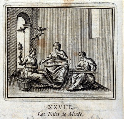De dochters van Minée. Fabels door Jean de La Fontaine. Illustratie door François Chauveau. Editie van 1728 door Francois Chauveau
