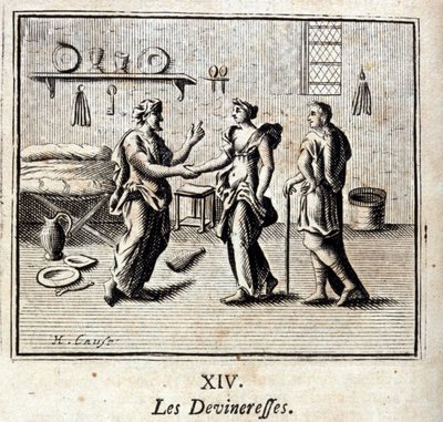 De waarzegsters. Fabels door Jean de La Fontaine. Illustratie door François Chauveau. Editie van 1728 door Francois Chauveau