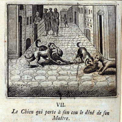 De Hond die de Diner van zijn Meester aan zijn Nek draagt door Francois Chauveau