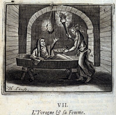 De dronkaard en zijn vrouw. Fabels van Jean de La Fontaine (1621-95). Illustratie door François Chauveau (1613-1676). Editie van 1728. door Francois Chauveau