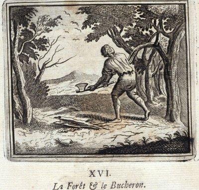 Het Bos en de Houthakker. Fabels van Jean de La Fontaine. Illustratie door François Chauveau. Editie van 1728. door Francois Chauveau