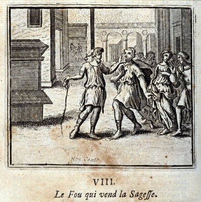 De Dwaas die wijsheid verkoopt. Fabels van Jean de La Fontaine. Illustratie door François Chauveau. Editie van 1728. door Francois Chauveau
