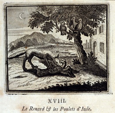 De vos en de kippen van India. Fabels van Jean de La Fontaine. Illustratie door François Chauveau. Editie van 1728. door Francois Chauveau