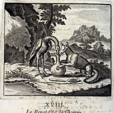 De vos en de ooievaar. Fabels van Jean de La Fontaine (1621-95). Illustratie door François Chauveau (1613-1676). Editie van 1728. door Francois Chauveau
