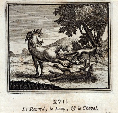 De vos, de wolf en het paard. Fabels door Jean de La Fontaine (1621-95). Illustratie door François Chauveau (1613-1676). Editie van 1728. door Francois Chauveau