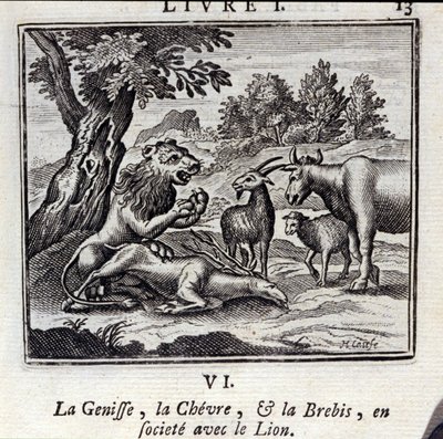 De koe, de geit en het schaap in gezelschap van de leeuw. Fabels door Jean de La Fontaine (1621-95). Illustratie door François Chauveau (1613-1676). Editie van 1728. door Francois Chauveau