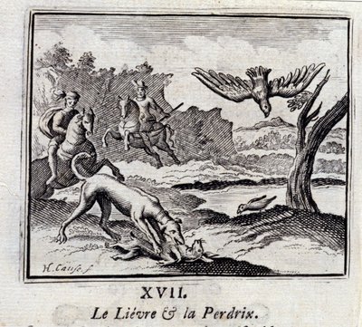 De haas en de patrijs. Fabels van Jean de La Fontaine (1621-95). Illustratie door François Chauveau (1613-1676). Editie van 1728. door Francois Chauveau