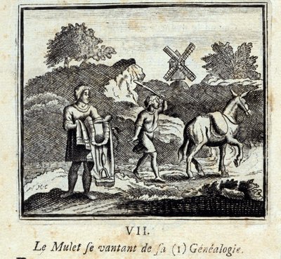 De Mullet die opschept over zijn genealogie. Fabels door Jean de La Fontaine (1621-95). Illustratie door François Chauveau (1613-1676). Editie van 1728. door Francois Chauveau