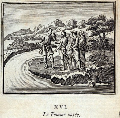 De verdronken vrouw. Fabels door Jean de La Fontaine (1621-95). Illustratie door François Chauveau (1613-1676). Editie van 1728. door Francois Chauveau