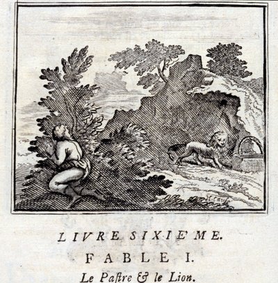 De Patra en de Leeuw. Fabels van Jean de La Fontaine. Illustratie door François Chauveau. Editie van 1728. door Francois Chauveau