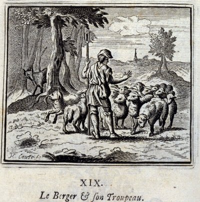 De herder en zijn kudde. Fabels door Jean de La Fontaine (1621-95). Illustratie door François Chauveau (1613-1676). Editie van 1728. door Francois Chauveau