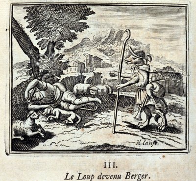 De Wolf werd Berger. Fabels van Jean de La Fontaine. Illustratie door François Chauveau. Editie van 1728. door Francois Chauveau