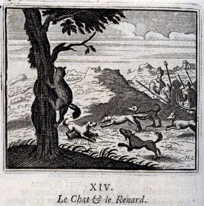 De kat en de vos. Fabels van Jean de La Fontaine. Illustratie door François Chauveau. Editie van 1728. door Francois Chauveau