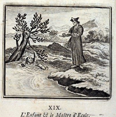 Het kind en de schoolmeester. Fabels van Jean de La Fontaine (1621-95). Illustratie door François Chauveau (1613-1676). Editie van 1728. door Francois Chauveau
