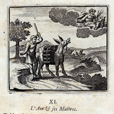 De ezel en zijn meesters. Fabels door Jean de La Fontaine (1621-95). Illustratie door François Chauveau (1613-1676). Editie van 1728. door Francois Chauveau