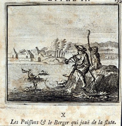 De vis en de herder die de fluit speelt. Fabels van Jean de La Fontaine. Illustratie door François Chauveau. Editie van 1728. door Francois Chauveau