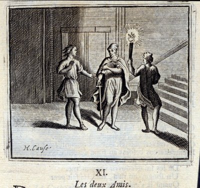 De twee vrienden. Fabels door Jean de La Fontaine (1621-95). Illustratie door François Chauveau (1613-1676). Editie van 1728. door Francois Chauveau