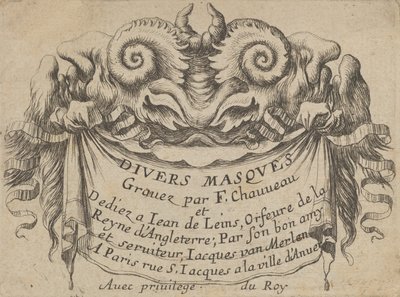 Titelplaat met twee satyrhoofden, uit Divers Masques door Francois Chauveau
