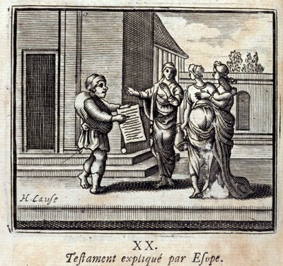 Testament uitgelegd door Esope. Fabels van Jean de La Fontaine (1621-95). Illustratie door François Chauveau (1613-1676). Editie van 1728. door Francois Chauveau