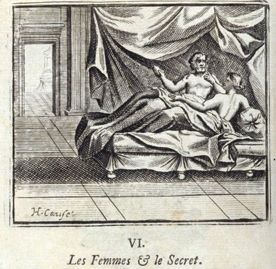 Vrouwen en geheimen. Fabels van Jean de La Fontaine. Illustratie door François Chauveau. Editie van 1728. door Francois Chauveau