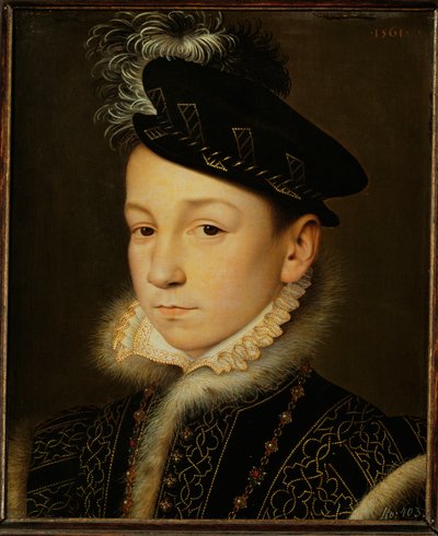 Koning Karel IX van Frankrijk ... (olieverf op eikenhout) door François Clouet