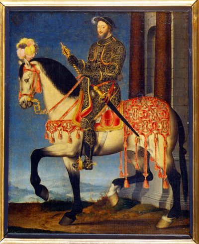 Portret van Francois I te paard door François Clouet (ca. 1510 - 1572). Musee des Uffizi, Florence - Ruiterportret van Frans I van Frankrijk door François Clouet