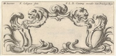 Plaat 10: een cartouche met de koppen van twee leeuwen in profiel naar links en rechts. door Francois Collignon