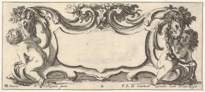 Plaat 2: een cartouche met een kind gezien van achteren naar links en een kind gezien van voren door Francois Collignon