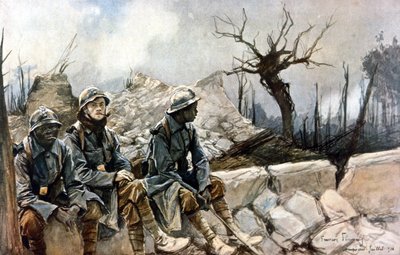 3 Franse soldaten zittend voor de ruïnes van de Dampierre kerk. Oorlog 1914 - 1918 door Francois Flameng