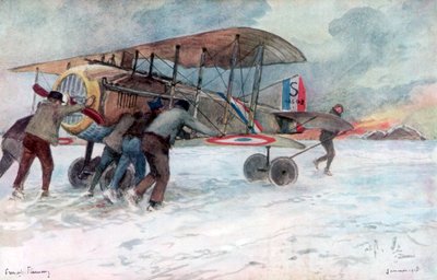 Grondpersoneel verzorgt een Franse Spad op een met sneeuw bedekt veld, 1918, 1926 door Francois Flameng