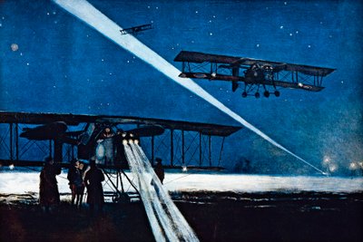 Terugkeer van nachtvlucht, gesimuleerde bombardement door Francois Flameng