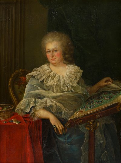 Portret van Burggraaf Torrington zittend bij haar borduurwerk door Francois Hubert (follower of) Drouais