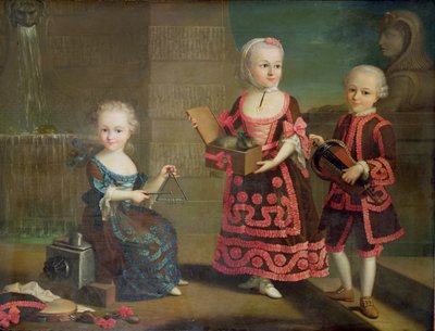 Een groepsportret van een meisje met een marmoset in een doos, een meisje met een driehoek zittend op een toverlantaarn en een jongen met een draaiorgel door Francois Hubert Drouais