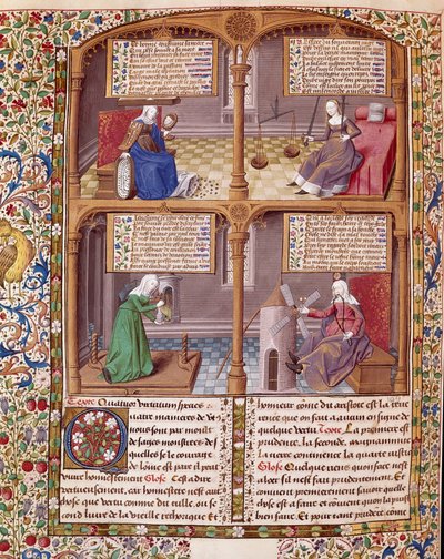 De vier kardinale deugden: Voorzichtigheid, Kracht, Matigheid en Rechtvaardigheid. Pagina uit een manuscript van Seneca, verlicht door meester Francois door Maître François