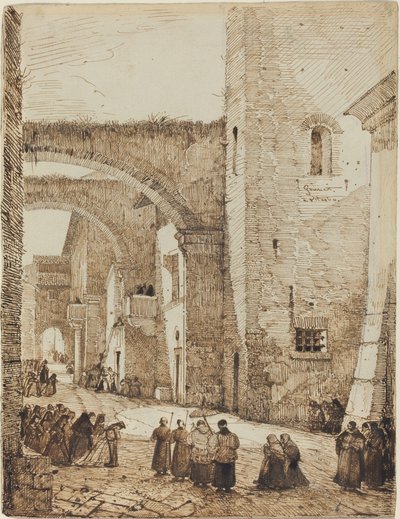 Een Priester die door een Middeleeuwse Straat in Viterbo Processieert door Francois Marius Granet