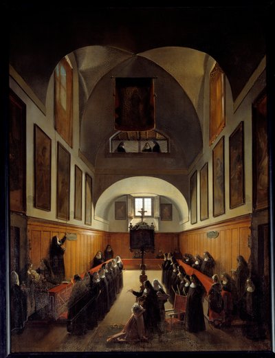 Het nemen van de kleren van een jong meisje uit Albano in het koor van het klooster van St. Clair in Rome. Schilderij door Francois Marius Granet (1775-1849) door Francois Marius Granet