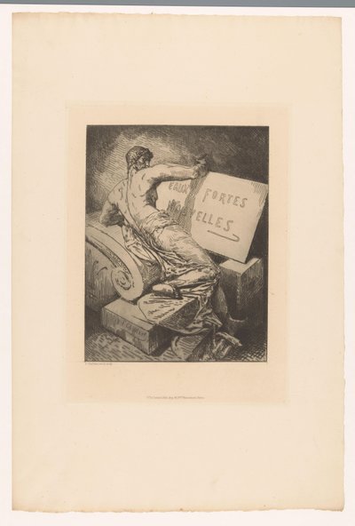 Titelprent met man op stenen monument door Francois Nicolas Chifflart