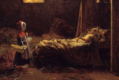 Roodkapje, detail. Illustratie van het sprookje van Charles Perrault, Roodkapje voor de wolf verkleed als grootmoeder door Francois Richard Fleury