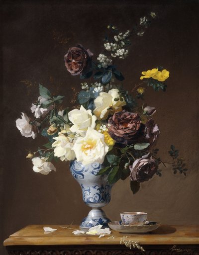 Rozen en andere bloemen in een blauw-witte vaas en een theekopje op een rand, 1876 door Francois Rivoire