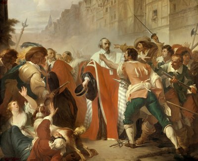 De bewaker van de zegels Mathieu Molé, weerstand tegen opstandelingen tijdens de dag van de barricades tijdens de Fronde op 27 augustus 1648 door Francois Xavier Dupre