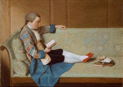 Portret van een Man liggend op een Bank, lezend, midden 18e eeuw door Francois Xavier Vispre