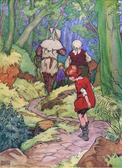 Hans stopte en elke keer liet hij een witte kiezel vallen, uit Hans en Grietje gepubliceerd door Blackie & Son Limited, ca. 1940 door Frank Adams