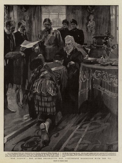 Voor Moed, de Koningin decoreert Eerwaarde Luitenant Robertson met het V C door Frank Craig
