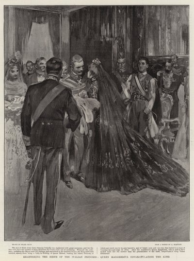 Registratie van de geboorte van de Italiaanse prinses, koningin Margherita feliciteert de koning door Frank Craig