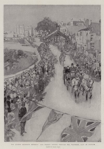 De tachtigste verjaardag van de koningin, Hare Majesteit rijdt door de triomfboog in Windsor door Frank Craig