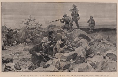 Betrapt op de Sprong, een Incident op de Top van de Kopje bij Belmont bestormd door de Grenadier Guards door Frank Dadd