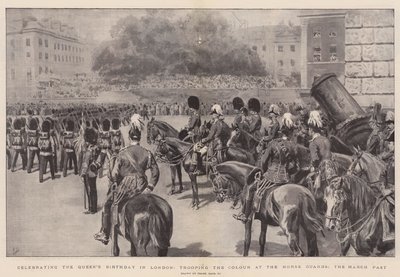 Het Vieren van de Verjaardag van de Koningin in Londen, Trooping the Colour bij de Horse Guards, de Mars door Frank Dadd