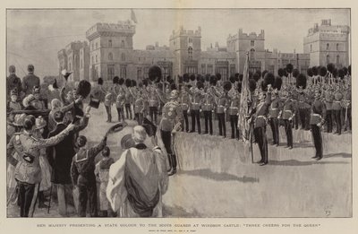 Hare Majesteit presenteert een Staatskleur aan de Scots Guards in Windsor Castle, Drie Hoera