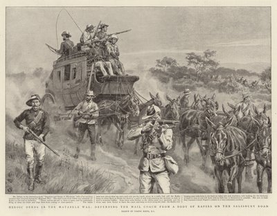 Heroïsche daden in de Matabele-oorlog, verdediging van de postkoets tegen een groep Kafirs op de Salisbury Road door Frank Dadd