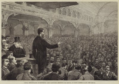 Liberale Demonstratie in Manchester, Lord Hartington spreekt de bijeenkomst toe in Pomona Gardens Palace door Frank Dadd